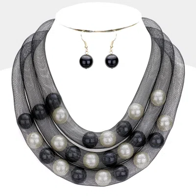 Fashnzfab Triple Mesh Tube Pearl Collar Necklace - Black, Cream