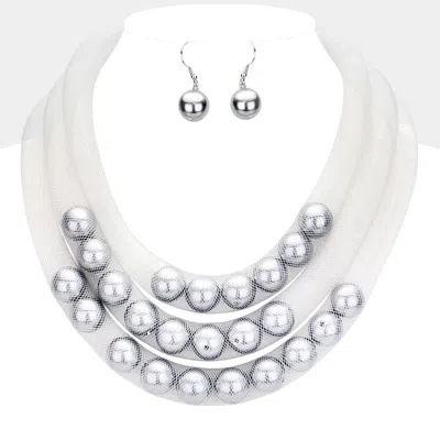 Fashnzfab Triple Mesh Tube Pearl Collar Necklace In Silver