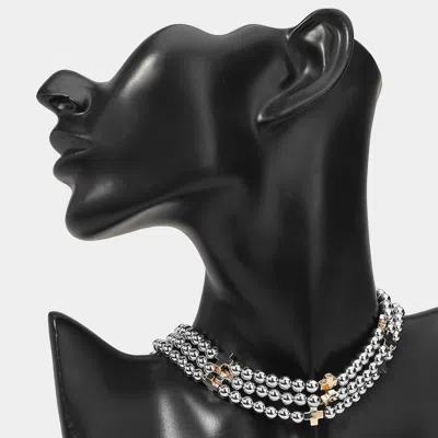 Fashnzfab Triple Metal Cross Ball Beaded Layered Strand Choker Necklace In Black