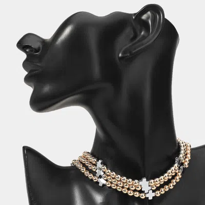 Fashnzfab Triple Metal Cross Ball Beaded Layered Strand Choker Necklace In Gold