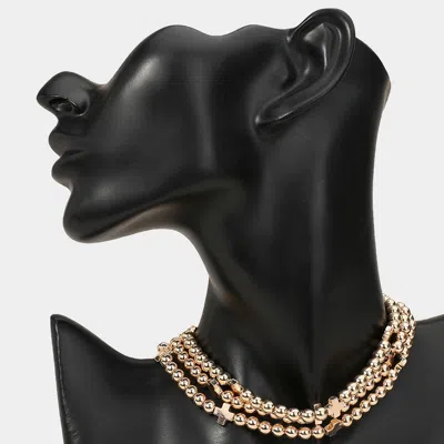 Fashnzfab Triple Metal Cross Ball Beaded Layered Strand Choker Necklace In Gold