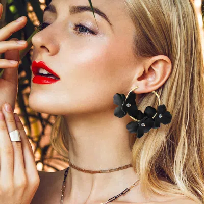 Fashnzfab Triple Metal Cut Out Flower Hoop Statement Earrings In Black