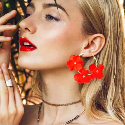 Fashnzfab Triple Metal Cut Out Flower Hoop Statement Earrings In Red