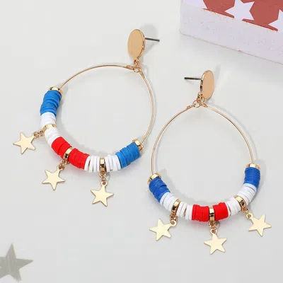 Fashnzfab Triple Metal Star Accented Heishi Detail Open Metal Teardrop Dangle Earrings - Blue, Red, White In Gold