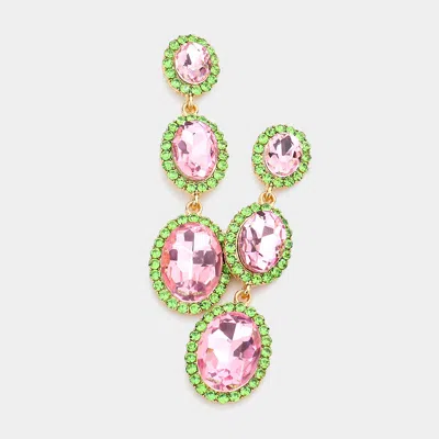 Fashnzfab Triple Oval Glass Stone Drop Down Dangle Evening Earrings - Gold, Pink & Green In Multi