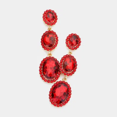 Fashnzfab Triple Oval Glass Stone Drop Down Dangle Evening Earrings - Gold, Red