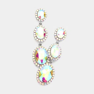 Fashnzfab Triple Oval Glass Stone Drop Down Dangle Evening Earrings - Ab, Rhodium In Pink