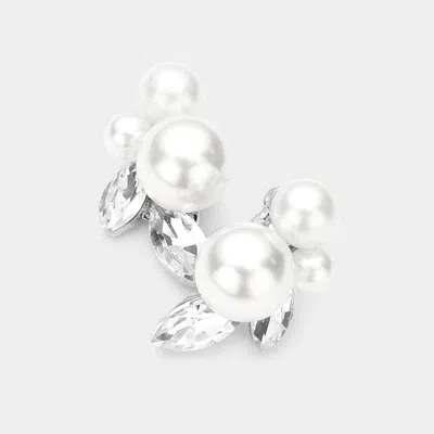 Fashnzfab Triple Pearl Accented Stud Earrings - Silver