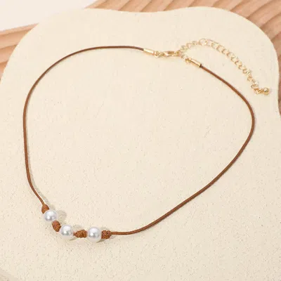 Fashnzfab Triple Pearl Beaded Waxed Cord Chain Necklace - Beige In Sand