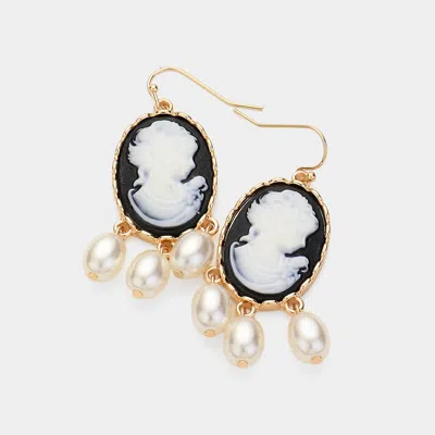 Fashnzfab Triple Pearl Embellished Cameo Dangle Earrings - Black In Gold