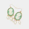 Fashnzfab Triple Pearl Embellished Cameo Dangle Earrings - Green In Gold