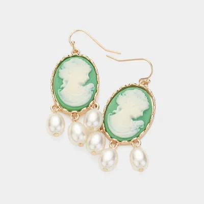 Fashnzfab Triple Pearl Embellished Cameo Dangle Earrings - Green In Gold
