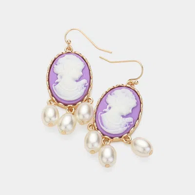 Fashnzfab Triple Pearl Embellished Cameo Dangle Earrings - Lavender In Purple