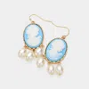 Fashnzfab Triple Pearl Embellished Cameo Dangle Earrings - Light Blue In Blue