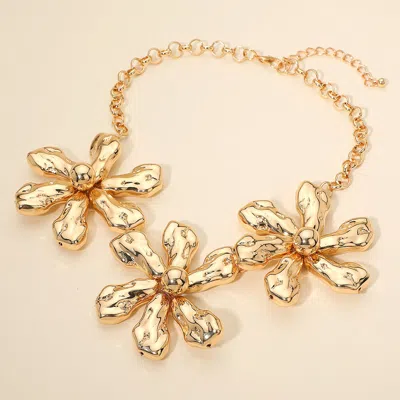 Fashnzfab Triple Puffy Metal Flower Link Statement Necklace In Gold