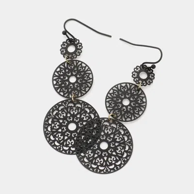 Fashnzfab Triple Round Brass Metal Filigree Link Dropdown Dangle Earrings - Black