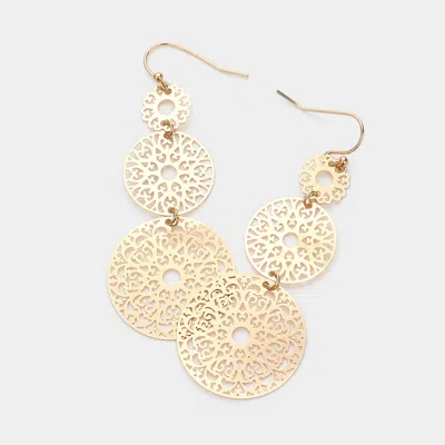 Fashnzfab Triple Round Brass Metal Filigree Link Dropdown Dangle Earrings - Gold