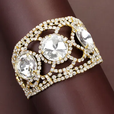 Fashnzfab Triple Round Glass Stone Rhinestone Evening Bracelet Clear, Gold
