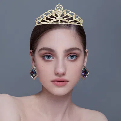 Fashnzfab Triple Round Stone Pointed Princess Tiara In Gold