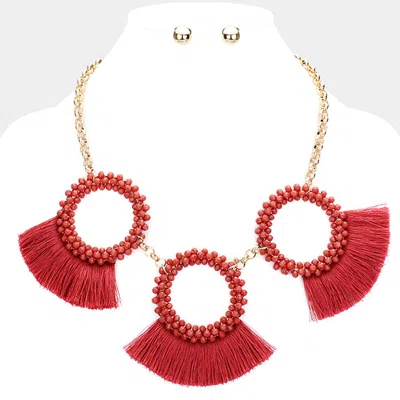Fashnzfab Triple Seed Bead Round Fan Tassel Necklace In Red