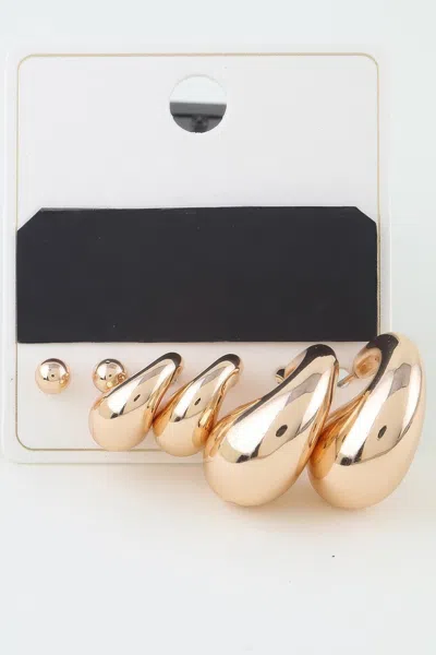 Fashnzfab Triple Shiny Hoop N Bead Earrings Set In Gold