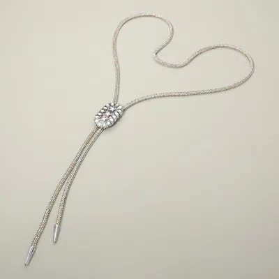 Fashnzfab Triple Star Stone Accent Oval Pendant Bling Studded Bolo Necklace In Metallic