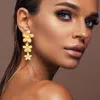 Fashnzfab Triple Stone Pointed Textured Metal Flower Link Dropdown Earrings - Gold In Gold