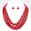 Fashnzfab Triple Strand Pearl Chunky Necklace In Red
