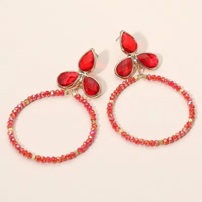 Fashnzfab Triple Teardrop Accented Faceted Beaded Open Circle Dangle Earrings - Red