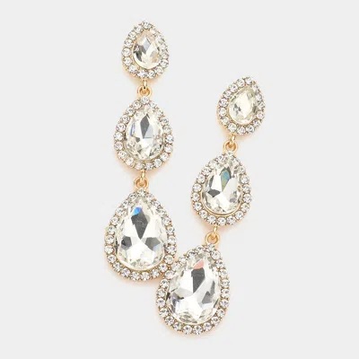Fashnzfab Triple Teardrop Stone Drop Down Evening Earrings - Gold