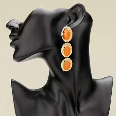 Fashnzfab Triple Textured Frame Enamel Oval Plate Drop Earrings In Orange