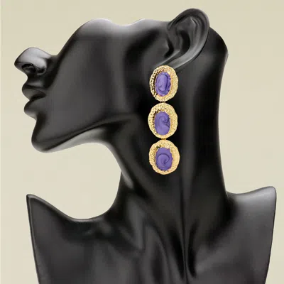 Fashnzfab Triple Textured Frame Enamel Oval Plate Drop Earrings In Purple
