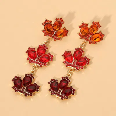 Fashnzfab Tripled Rhinestone Maple Leaf Link Drop Earrings In Red