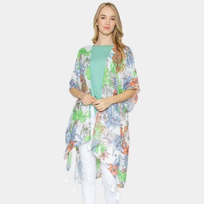 Fashnzfab Tropical Leaf Flower Printed Cover Up Kimono Poncho In Green