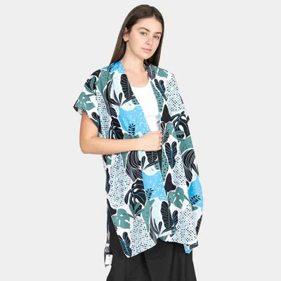 Fashnzfab Tropical Leaf Patterned Cover Up Kimono Poncho In Blue