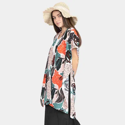 Fashnzfab Tropical Leaf Patterned Cover Up Kimono Poncho In Red