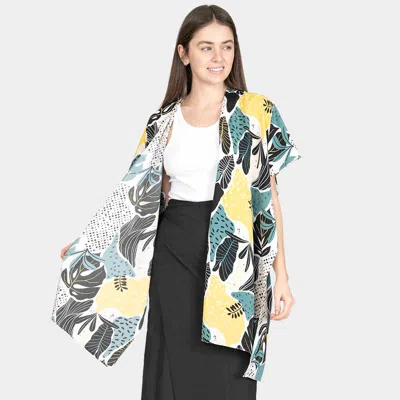 Fashnzfab Tropical Leaf Patterned Cover Up Kimono Poncho In Yellow