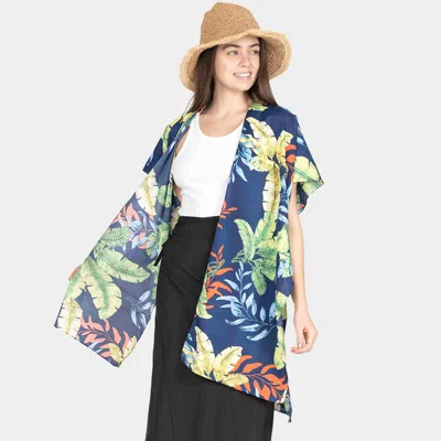 Fashnzfab Tropical Leaf Patterned Lace Cover Up Kimono Poncho In Blue