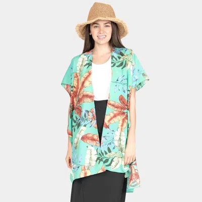 Fashnzfab Tropical Leaf Patterned Lace Cover Up Kimono Poncho In Blue