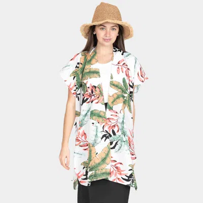 Fashnzfab Tropical Leaf Patterned Lace Cover Up Kimono Poncho In White