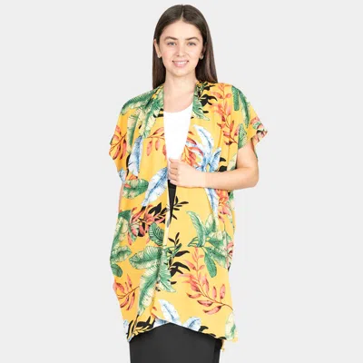 Fashnzfab Tropical Leaf Patterned Lace Cover Up Kimono Poncho In Yellow