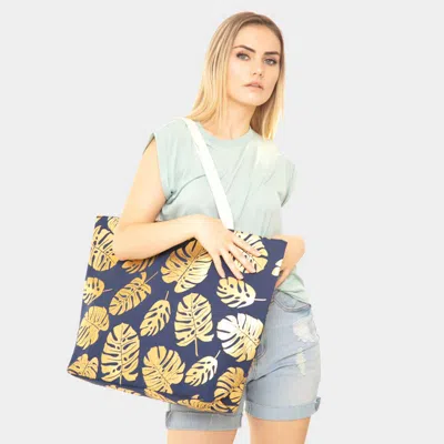 Fashnzfab Tropical Leaves Foil Beach Bag In Blue