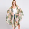 Fashnzfab Tropical Leaves Print Shawl Cover-up Kimono Poncho In Gray