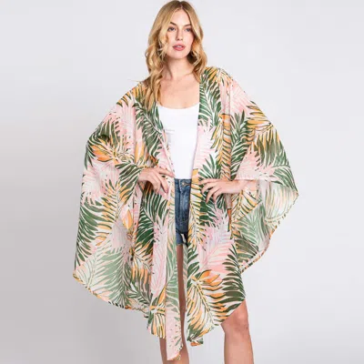 Fashnzfab Tropical Leaves Print Shawl Cover-up Kimono Poncho In Gray