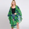 Fashnzfab Tropical Leaves Print Shawl Cover-up Kimono Poncho In Green