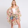 Fashnzfab Tropical Leaves Print Shawl Cover-up Kimono Poncho In Multi