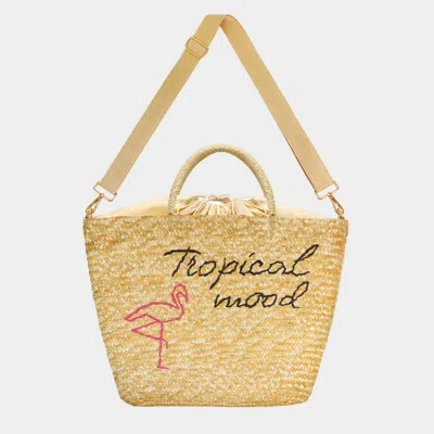 Fashnzfab Tropical Mood Flamingo Weaving Beach Tote / Crossbody Bag In Sand