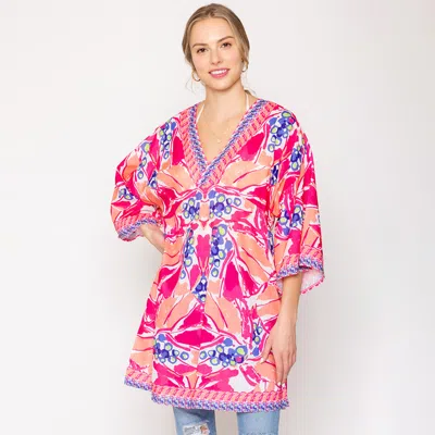 Fashnzfab Tropical Print Cover Up Poncho In Pink