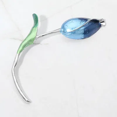 Fashnzfab Tulip Stem Pin Brooch In Blue