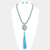 Fashnzfab Turquoise Accented Antique Metal Squash Blossom Suede Tassel Link Long Necklace In Blue